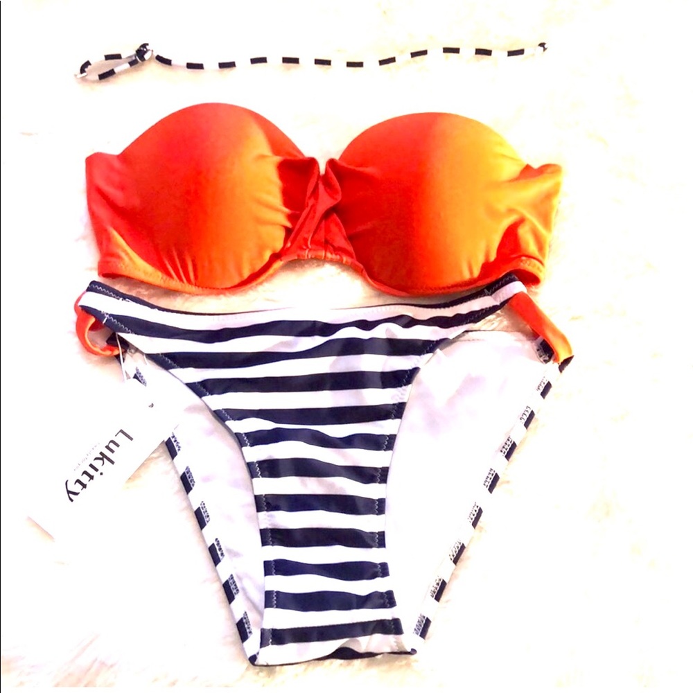 NWT swimsuit, orange top, navy stripe bottom